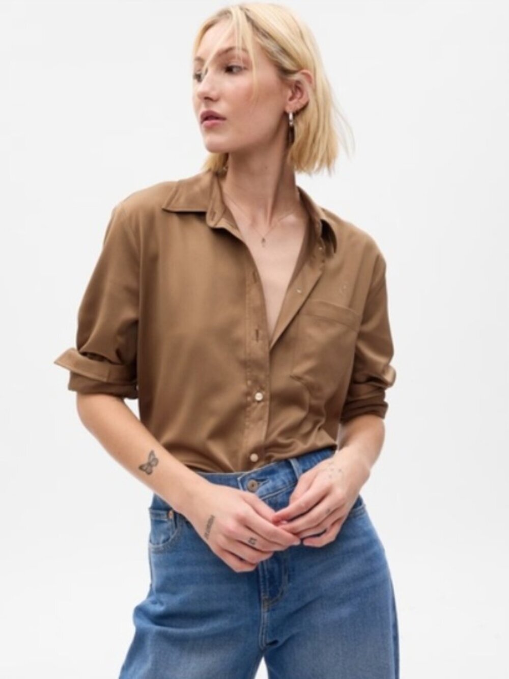 Gap Satin Boyfriend Shirt Button Down Blouse Size Large Taupe Tan